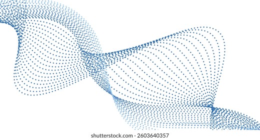 3d particles mesh array, sound wave flowing. Round points vector effect illustration. Blended mesh, 3d futuristic technology style.