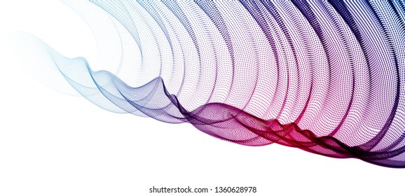 3d particles mesh array, transparent tulle textile on wind flowing. Round points vector effect illustration. Blended mesh, 3d calming tranquil wallpaper.