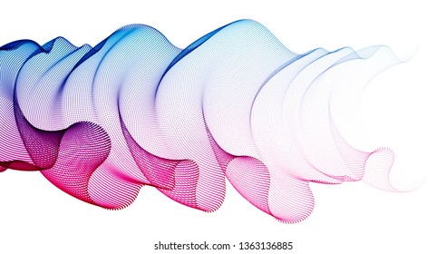 3d particles mesh array, transparent tulle textile on wind flowing. Round points vector effect illustration. Blended mesh, 3d calming tranquil wallpaper.