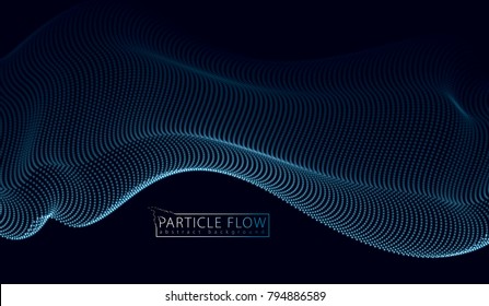 3d particles mesh array wave, sound flowing. Blurred round lights vector effect illustration. 3d futuristic technology style.