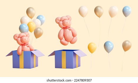 Arte de globos 3D Party aislado en un fondo naranja pálido. Incluyendo globos flotantes, globo retorcido de oso y caja de regalo abierta.