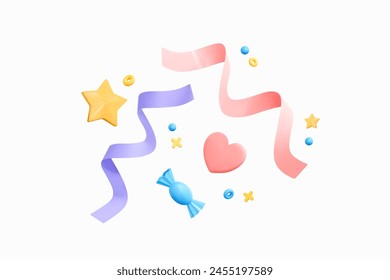 3D Party confetti with candy, star and serpentine ribbon. Birthday surprise emoji. Festive decoration elements for poster or banner. Cartoon design icon isolated on white. 3D Vector illustration