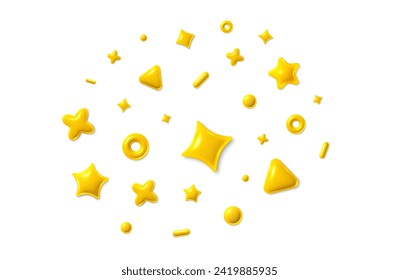 3d party confetti elements. Birthday festive shapes. Anniversary, carnival shapes. 3d star, circle and triangle. Party fun, surprise or birthday 3d confetti elements. Vector illustration