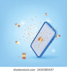 3D Party Confetti on Mobile Phone Isolated. Render Gold Confetti on Smartphone. Golden Firecracker Elements in Various Shapes. Party Holyday Surprise or Birthday Events. Vector Illustration