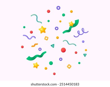 3D Party Confetti Set Isolated on White. Festive Template in colorful colors for party illustration, surprise, celebrate, gift, birthday invitation. 3D Web Vector Illustrations.