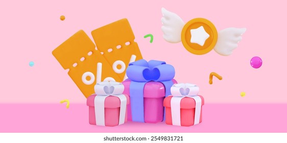 3D Party confetti with stack Christmas gifts boxs Cute cartoon celebratory confetti Winner concept and exclusive benefits Minimal three-dimensional 3d rendering vector illustration