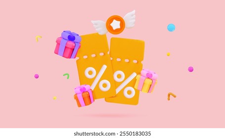 Confete de festa 3D com pilha Confete comemorativo do desenho animado bonito Conceito vencedor e benefícios exclusivos Ilustração de vetor de renderização tridimensional minimal 3d