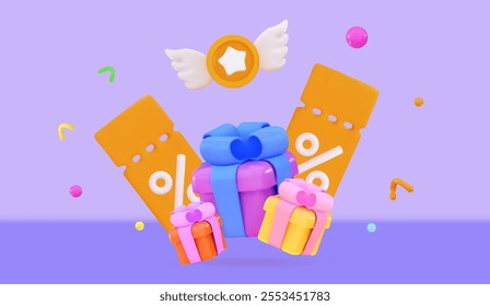 3D Party confetti with stack Cute cartoon celebratory confetti Winner concept and exclusive benefits