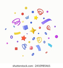 3D Party confetti with star and serpentine ribbon. Birthday surprise. Festive decoration elements for poster or banner. 3d rendering. Vector illustration