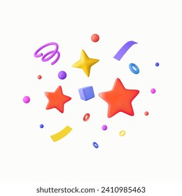 3D Party confetti with star and serpentine ribbon. Birthday surprise. Festive decoration elements for poster or banner. 3d rendering. Vector illustration