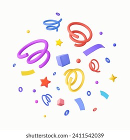 3D Party confetti with star and serpentine ribbon. Birthday surprise. Festive decoration elements for poster or banner. 3d rendering. Vector illustration