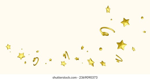 3D Party confetti with star, spirals and serpentine ribbon. Golden festive decoration elements for banner and poster. Vector illustration