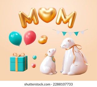 3D party decoration element set isolated on light beige background. Including balloons, gift box, garland, sphere decorations, and porcelain polar bears. Suitable for mother's day. svg