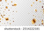 3D party gold confetti on transparent background. Render golden confetti in empty space. Metal firecracker elements in various shapes. Party, holiday, surprise or birthday events. Vector illustration