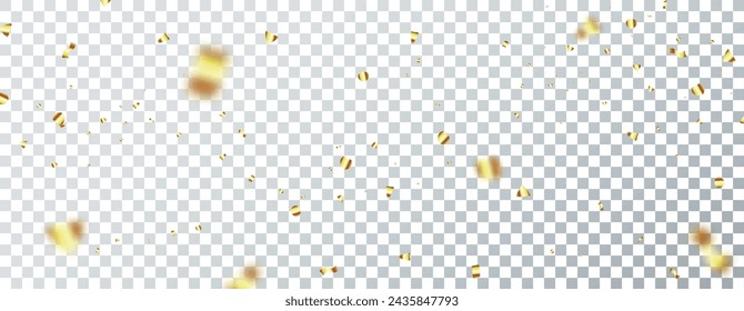 3D Party Gold Confetti on Transparent Background. Render Golden Confetti in Empty Space. Metal Firecracker Elements in Various Shapes. Party, Holyday, Surprise or Birthday Events. Vector Illustration