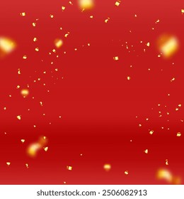 3D party gold confetti on red background. Render golden confetti collection. Metal firecracker elements in various shapes. Party, holyday, surprise or birthday events. Vector illustration