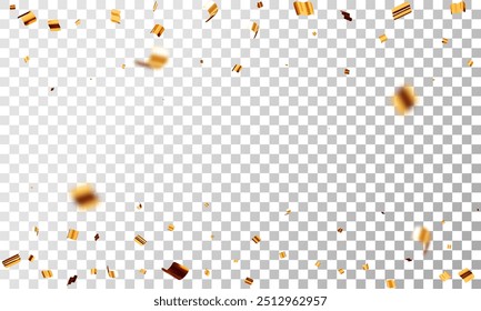 3D party gold confetti on transparent background. Render golden confetti in empty space. Metal firecracker elements in various shapes. Party, holiday, surprise or birthday events. Vector illustration