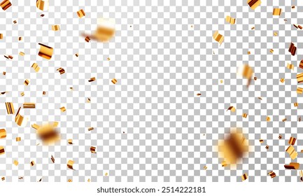 3D party gold confetti on transparent background. Render golden confetti in empty space. Metal firecracker elements in various shapes. Party, holiday, surprise or birthday events. Vector illustration