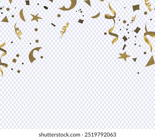 3D Party Gold Confetti on Transparent Background. Render Golden Confetti in Empty Space. Metal Firecracker Elements in Various Shapes. Party, Holyday, Surprise or Birthday Events. Vector Illustration