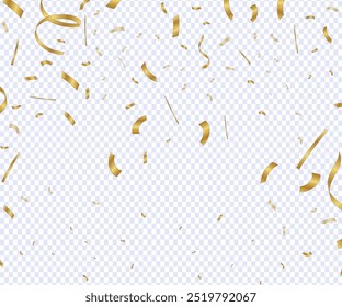 3D Party Gold Confetti on Transparent Background. Render Golden Confetti in Empty Space. Metal Firecracker Elements in Various Shapes. Party, Holyday, Surprise or Birthday Events. Vector Illustration