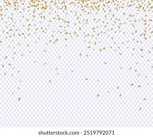 Confeti de oro del partido 3D en fondo transparente. Render Confeti dorado en el espacio vacío. Elementos de petardos de metal en varias Formas. Fiesta, fiesta, sorpresa o cumpleaños. Ilustración vectorial