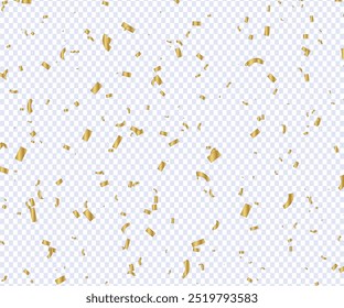 3D Party Gold Konfetti auf transparentem Hintergrund. Goldene Konfetti im leeren Raum rendern. Metall-Feuerwerkskörper in verschiedenen Formen. Party-, Feiertags-, Überraschungs- oder Geburtstagsveranstaltungen. Vektorgrafik