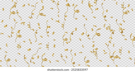 3D Party Gold Confetti on Transparent Background. Render Golden Confetti in Empty Space. Metal Firecracker Elements in Various Shapes. Party, Holyday, Surprise or Birthday Events. Vector Illustration