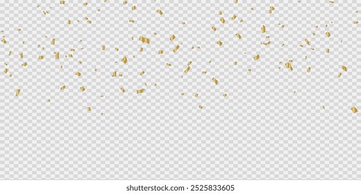 3D Party Gold Konfetti auf transparentem Hintergrund. Goldene Konfetti im leeren Raum rendern. Metall-Feuerwerkskörper in verschiedenen Formen. Party-, Feiertags-, Überraschungs- oder Geburtstagsveranstaltungen. Vektorgrafik