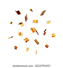 3D party gold confetti round isolated. Render golden confetti in empty space. Metal firecracker elements in various shapes. Party, holiday, surprise or birthday events. Vector illustration