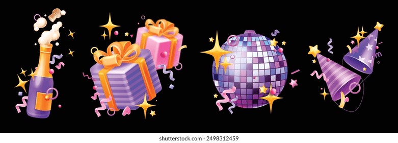 3D party icon set, vector cartoon holiday New Year Christmas object kit, present box, bottle, star. Happy birthday paper cone hat, champagne, night club disco ball, confetti ribbon. Party icon sticker