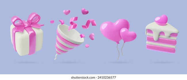 3D party icons set. Pink and white cake piece, heart balloons, party popper with confetti and gift box with a present. Valentine's Day romantic three dimensional decorative vector elements collection.