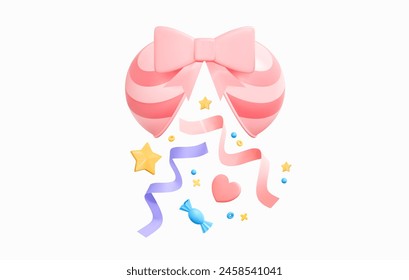 3D Party popper with confetti explosion. Pink firecracker emoji. Birthday surprise. Festive decoration element. Serpentine ribbons. Cartoon design icon. Minimal design. 3D Vector illustration