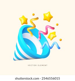 3D party popper with confetti. Holiday and sale design