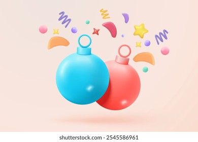 3d party popper with confetti icon signs for surprise on new year, christmas. Firecracker explodes with ribbon, winner, birthday party and anniversary. 3d sphere glossy icon vector render illustration