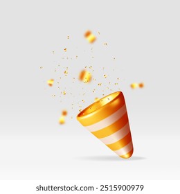 3D party popper with confetti isolated on white. Render paper confetti collection. Gold firecracker elements in various shapes. Party, holiday surprise or birthday events. Vector illustration