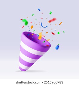 3D party popper with confetti isolated on white. Render paper confetti collection. Colorful firecracker elements in various shapes. Party, holiday surprise or birthday events. Vector illustration