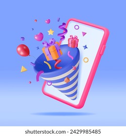 3D Party Popper with Confetti on Mobile Phone. Render Plasticine Confetti on Smartphone. Colorful Firecracker Elements in Various Shapes. Party Holyday Surprise or Birthday Events. Vector Illustration