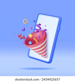 3D Party Popper with Confetti on Mobile Phone. Render Plasticine Confetti on Smartphone. Colorful Firecracker Elements in Various Shapes. Party Holyday Surprise or Birthday Events. Vector Illustration