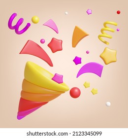 3d Party Popper with Confetti Plasticine Cartoon Style Symbol of Surprise. Vector illustration of Happy Birthday Cracker