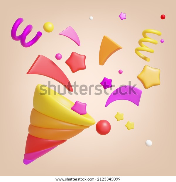 3d Party Popper with Confetti Plasticine Cartoon\
Style Symbol of Surprise. Vector illustration of Happy Birthday\
Cracker
