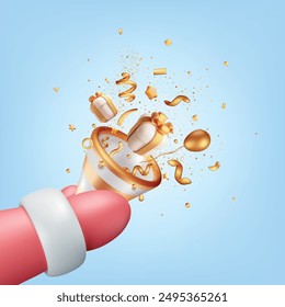 3D Party Popper with Confetti in Santa Claus Hand Isolated. Render Christmas Confetti Collection. Gold Firecracker Elements in Various Shapes. New Yeah and Christmas Events. Vector Illustration