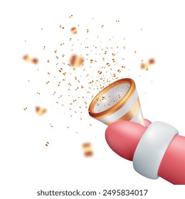 Popper de fiesta 3D con confeti en Santa Claus mano aislada. Render Navidades Confetti Colección. Elementos de petardos de oro en varias Formas. Nuevos eventos de Sí y Navidades. Ilustración vectorial