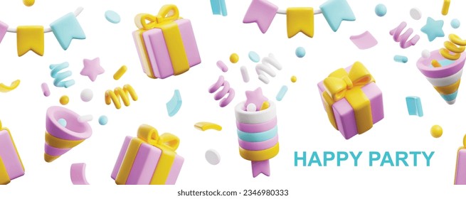 3d party popper with confetti, serpentine. Flying pink gift boxes. 3D render firework bang. Realistic vector Happy party banner. Present holiday surprise, birthday celebration, carnival decoration