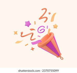 3D party popper with confetti, stars, squiggles render, paper tapes splash. Birthday, new year greeting element. Vector illustration