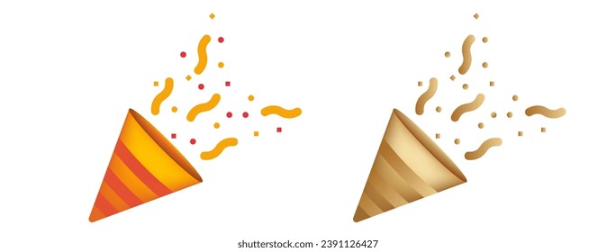 3d party popper cracker with flying confetti. Colorful carnival attribute with fun party and happy anniversary vector celebration