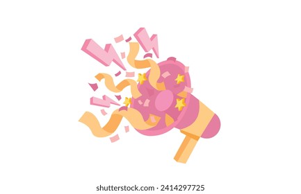 3D Party popper with explosion confetti. Birthday surprise. Megaphone with holiday news and events. Firecracker with serpentine.3d goal for technology,online social media usage illustration.