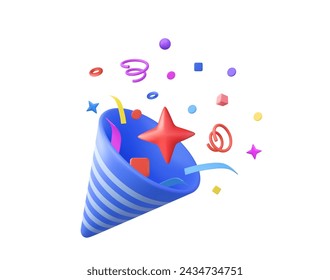 3D Party popper with explosion confetti. Birthday surprise. Firecracker with serpentine. Holiday and event celebration. 3d rendering. Vector illustration