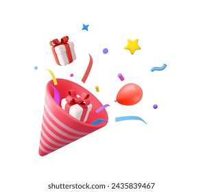 3D Party popper with explosion confetti and gift boxes. Birthday surprise. Firecracker with serpentine. Holiday and event celebration. 3d rendering. Vector illustration