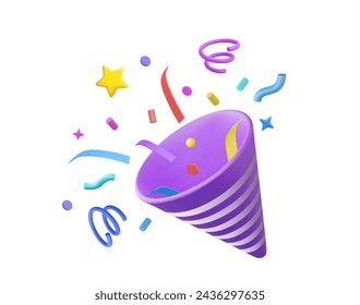 3D Party popper with explosion confetti. Birthday surprise. Firecracker with serpentine. Holiday and event celebration. 3d rendering. Vector illustration