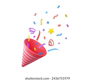 3D Party popper with explosion confetti. Birthday surprise. Firecracker with serpentine. Holiday and event celebration. 3d rendering. Vector illustration